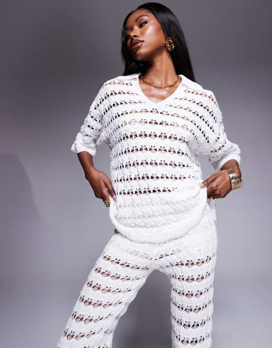 ASOS DESIGN stickad skjorta med krage och fin söm i vitt - Image 1