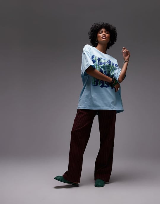 Topshop jersey grafisk scarftryck oversized topp i ljusblå - Image 3