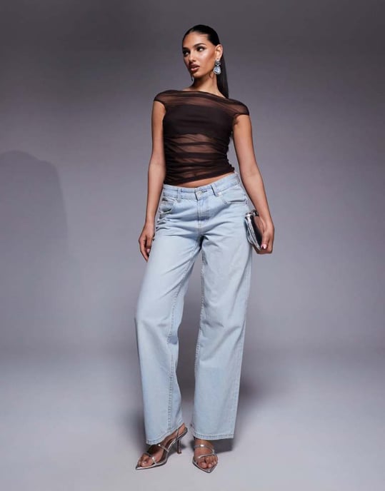ASOS DESIGN samlad kortärmad off-shoulder meshtopp i choklad - Image 4