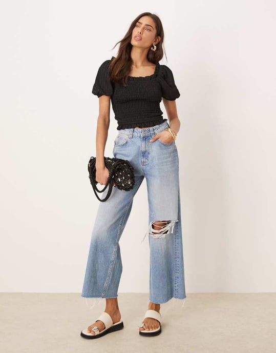 Gina Tricot puffärm frill shirred topp i svart - Image 2