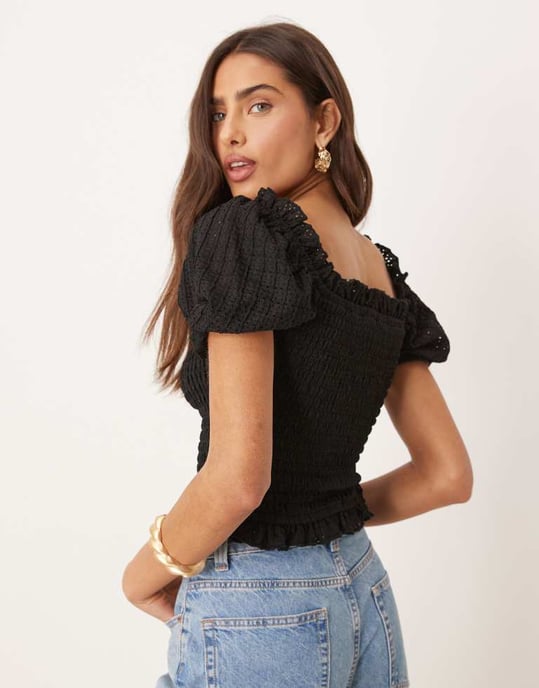 Gina Tricot puffärm frill shirred topp i svart - Image 4