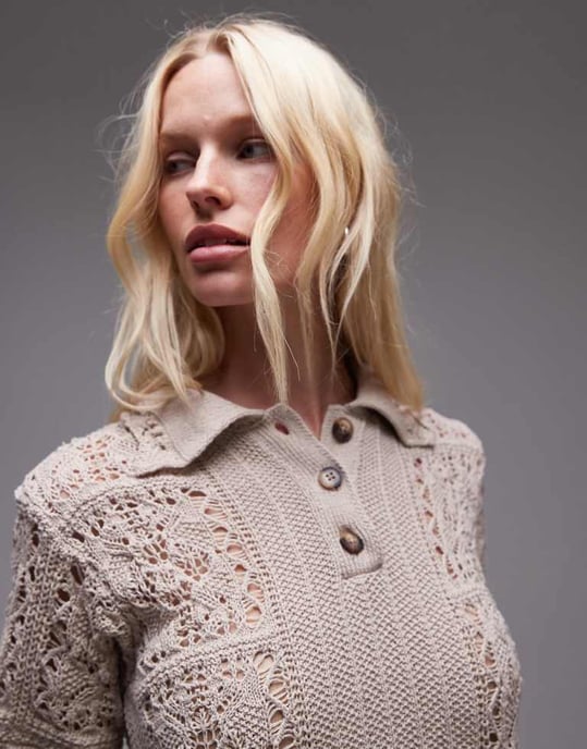 Topshop stickad punktstickad polo-top i krämfärgad - Image 3