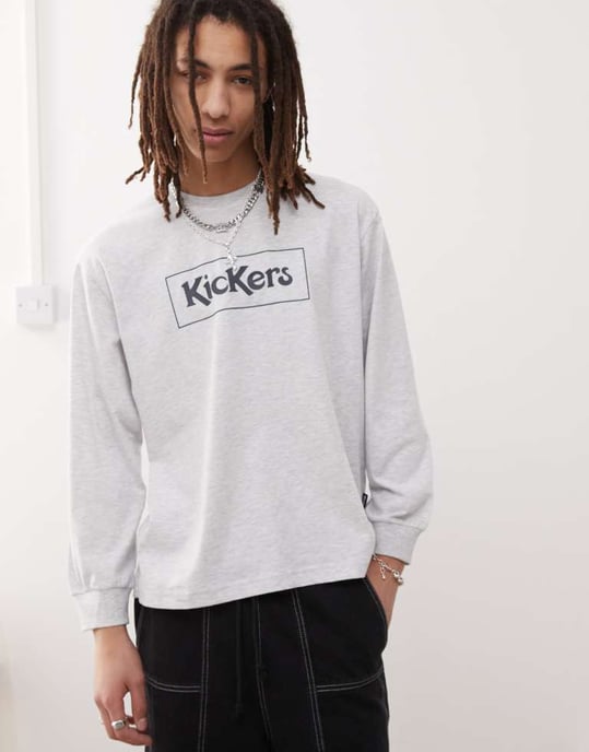 Kickers långärmad t-shirt med marinblå grafisk design i ljusgrå melerad färg - Image 2