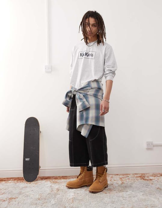 Kickers långärmad t-shirt med marinblå grafisk design i ljusgrå melerad färg - Image 3
