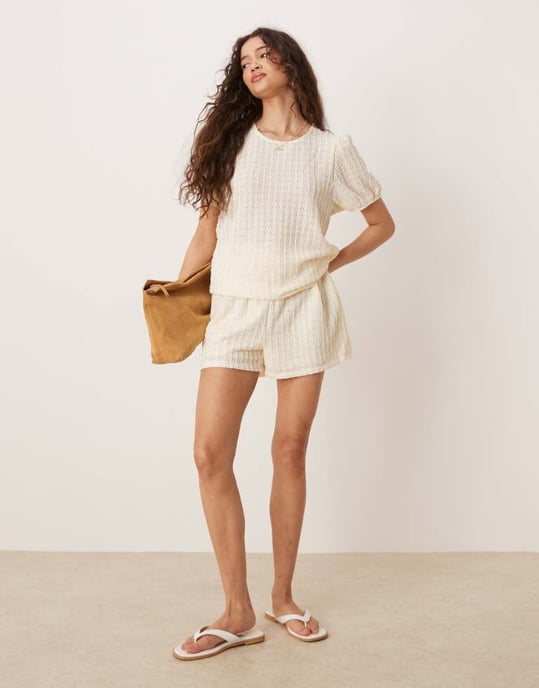 Vila textured puffärmad t-shirt set i krämfärg - Image 2