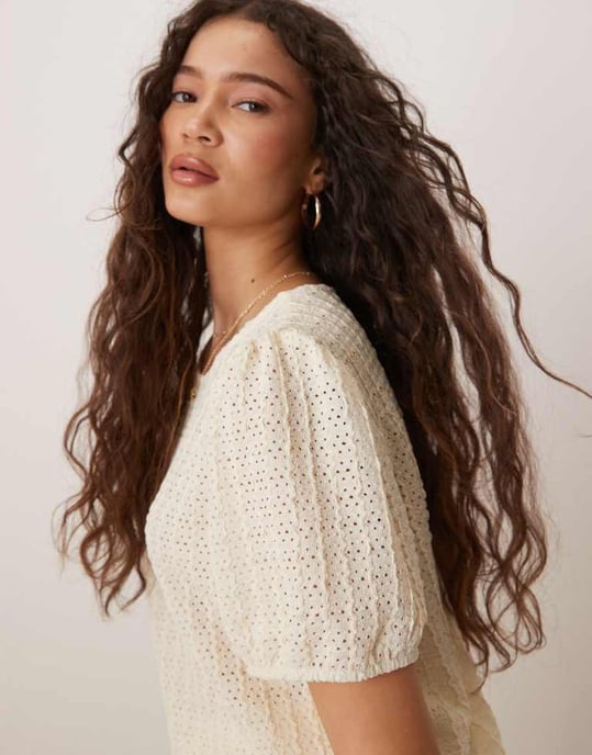 Vila textured puffärmad t-shirt set i krämfärg - Image 3