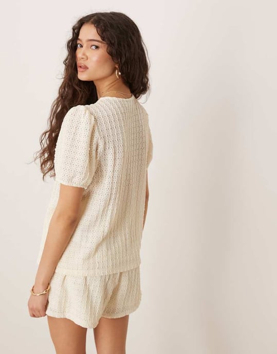 Vila textured puffärmad t-shirt set i krämfärg - Image 4