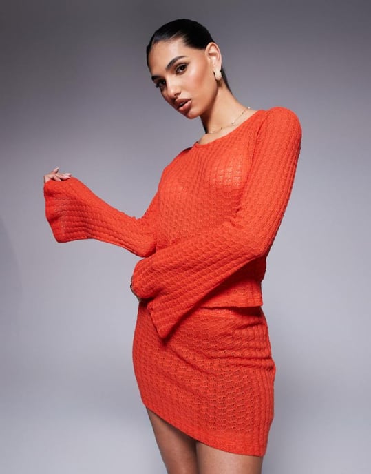ASOS DESIGN koord stickad långärmad topp med knytbaksdetalj i orange - Image 1