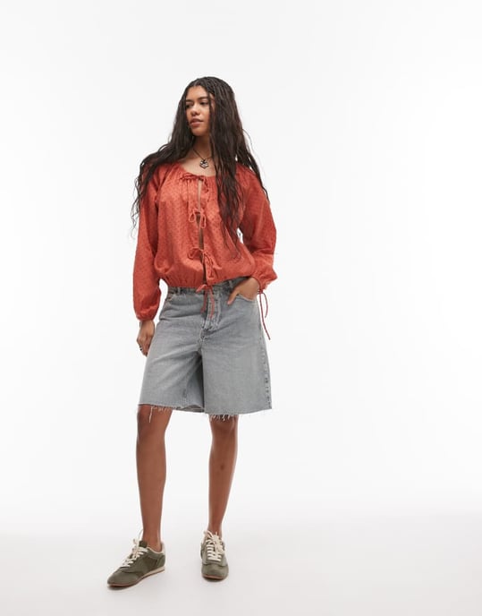 Topshop dobby rynkad nackband fram topp i rostfärg - Image 3