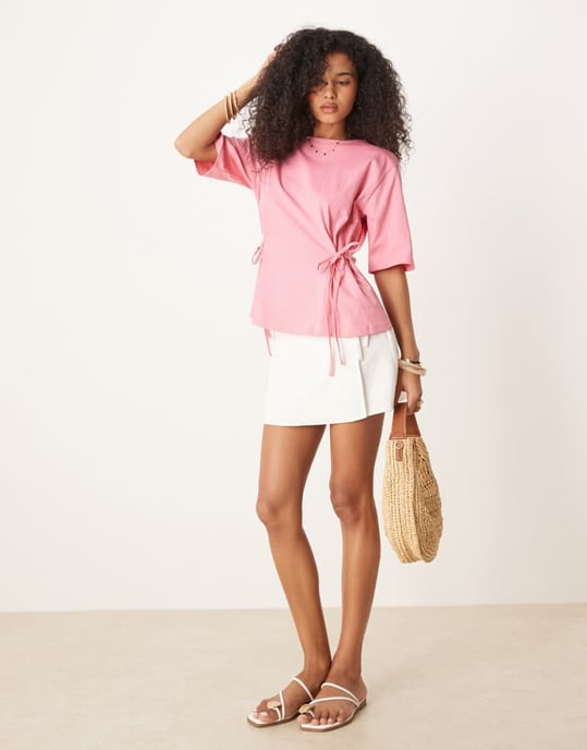 ASOS DESIGN oversized t-shirt med knytdetalj i rosa - Image 3