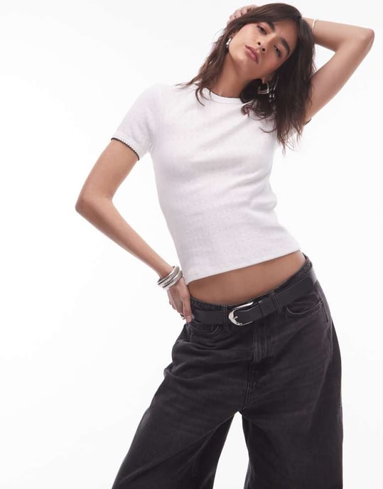 Topshop kontrasterande kant punktstickad t-shirt i elfenben - Image 2