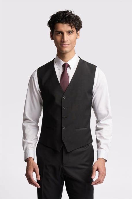 Single Breasted Five Button V-neck Slim Fit Suit Waistcoat in Black - Image 1