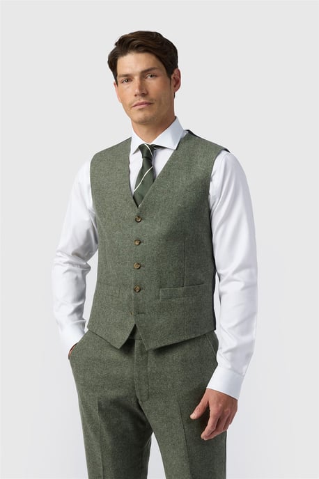 Single Breasted Five Button V-neck Tailored Suit Waistcoat in Olive - Image 1