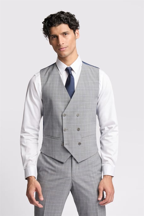 Double Breasted Six Button V-neck Slim Fit Suit Waistcoat in Silver - Image 1