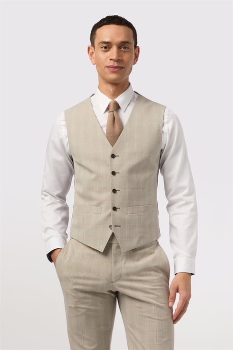 Single Breasted Five Button V-neck Slim Fit Suit Waistcoat in Natural - Image 1