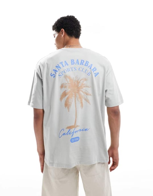 ASOS DESIGN oversized t-shirt with summer palm graphic in light grey - Image 1