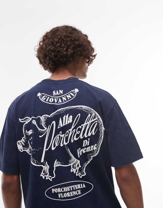 Topman relaxed fit t-shirt with front and back Porchetta print in washed navy - Image 1