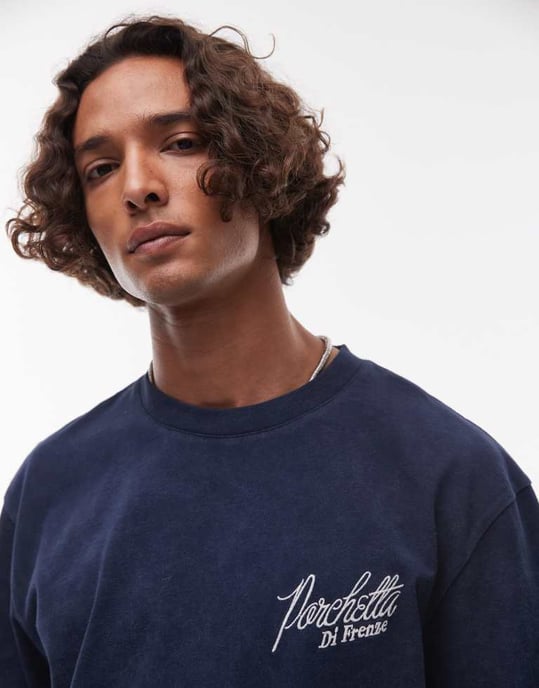 Topman relaxed fit t-shirt with front and back Porchetta print in washed navy - Image 3