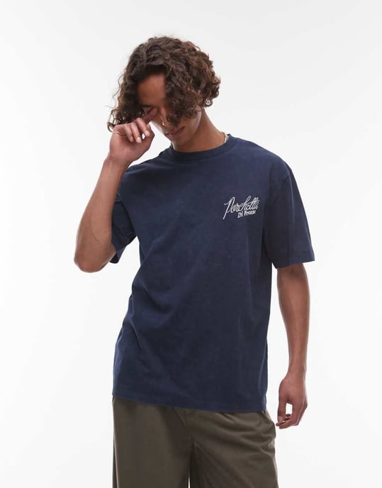 Topman relaxed fit t-shirt with front and back Porchetta print in washed navy - Image 4