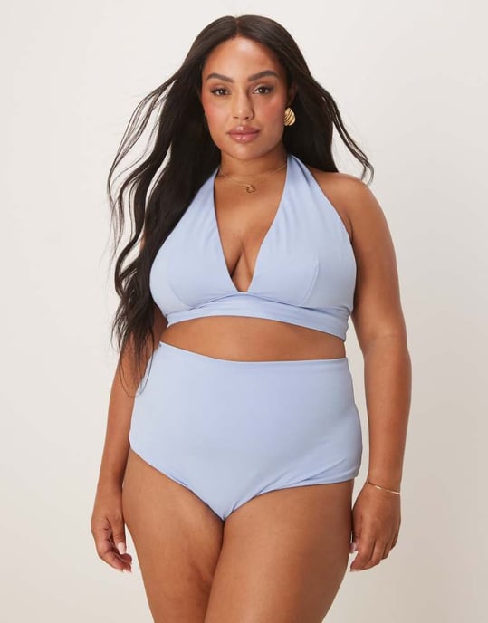 ASOS DESIGN Curve Maya mix and match högmidjade bikiniunderdelar i blått - Image 3