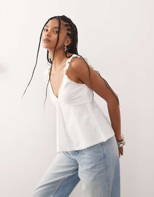 Reclaimed Vintage babydoll poplin cami with broderie and lace trims in cream - Image 1