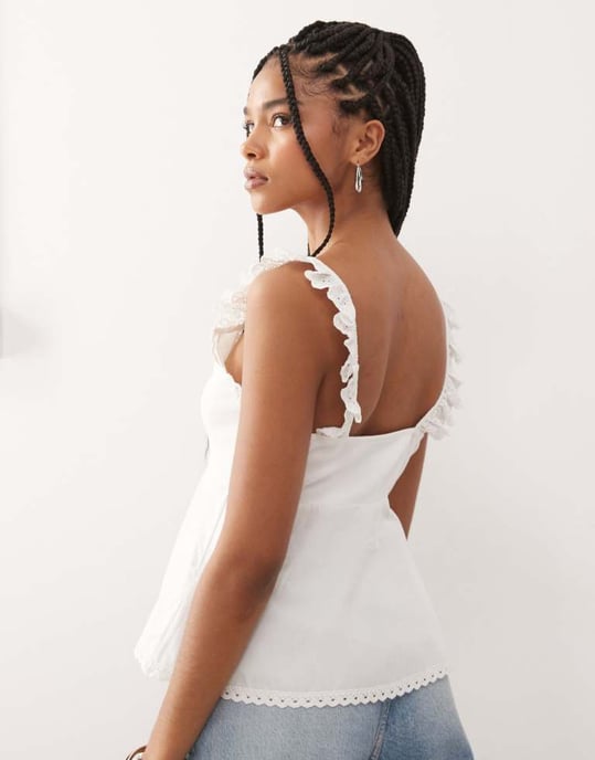 Reclaimed Vintage babydoll poplin cami with broderie and lace trims in cream - Image 4