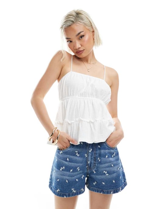 Miss Selfridge seersucker cami peplum hem top in white - Image 2