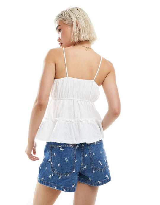 Miss Selfridge seersucker cami peplum hem top in white - Image 4