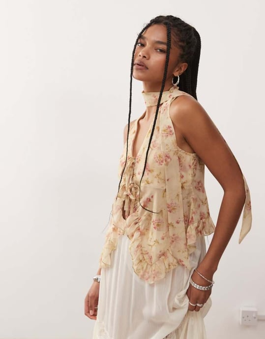 Reclaimed Vintage chiffon floral print ruffle tie front blouse with matching scarf in butter yellow - Image 1
