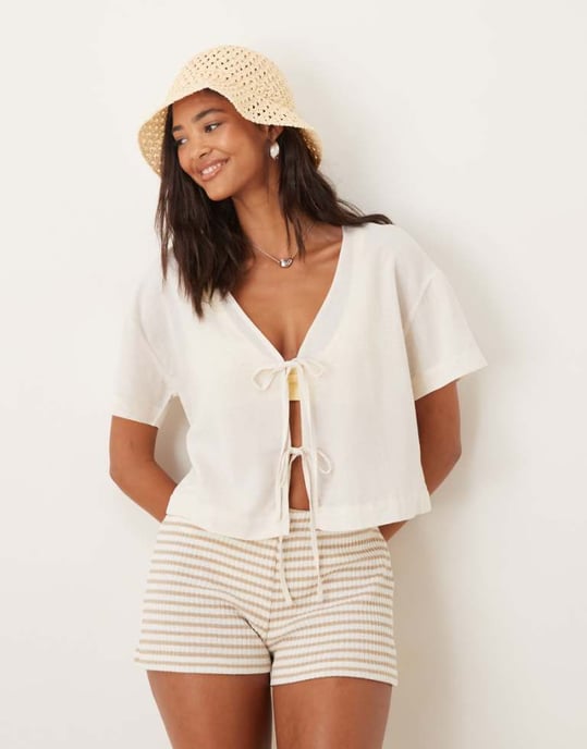 ASOS DESIGN Belle linen blend beach tie front top in natural - Image 1