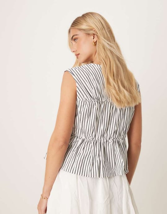 YAS sleeveless tie front poplin top in black and white stripe - Image 4