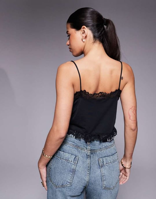 ASOS DESIGN slinky lace trim tie front top in black - Image 2