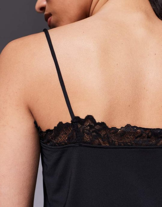 ASOS DESIGN slinky lace trim tie front top in black - Image 3