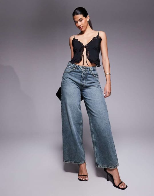 ASOS DESIGN slinky lace trim tie front top in black - Image 4