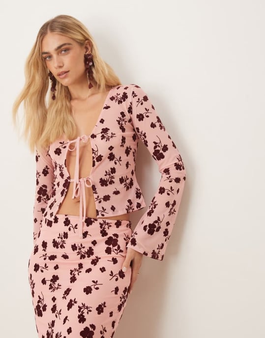 ASOS DESIGN tie front floral flocked sheer top co ord in pink - Image 1