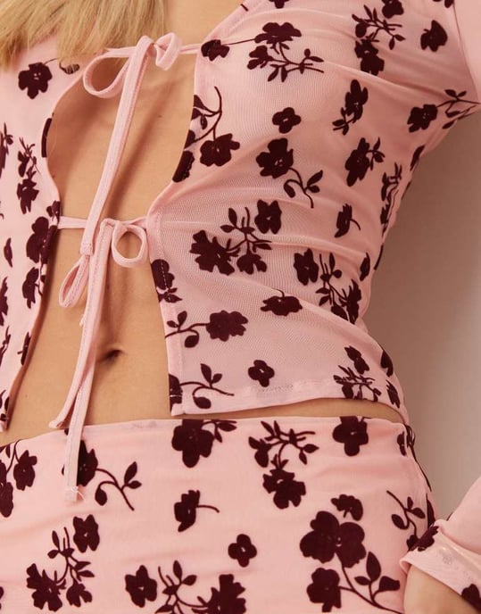 ASOS DESIGN tie front floral flocked sheer top co ord in pink - Image 4
