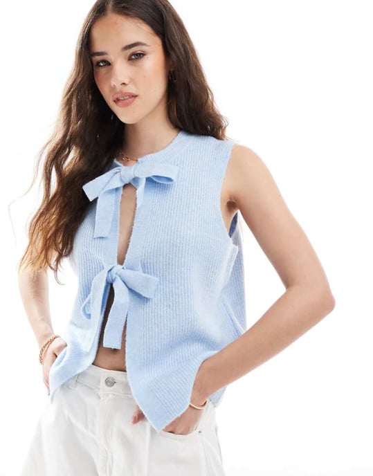 Pieces tie front knitted top in light blue - Image 1