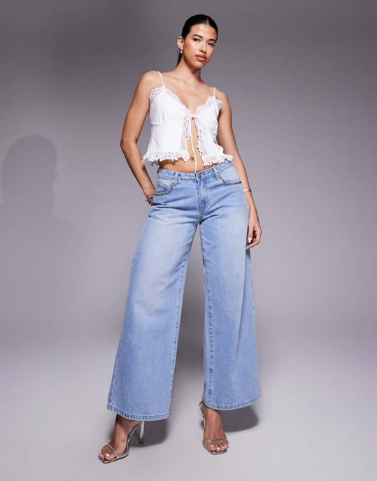 ASOS DESIGN slinky lace trim tie front top in white - Image 4