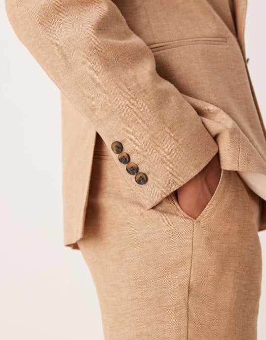 ASOS DESIGN dubbelknäppt linneblandning regular kostymjacka i kamel - Image 2