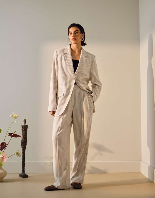 Topshop co ord linneblazer med en knapp i krämfärgad randig mönster - Image 2