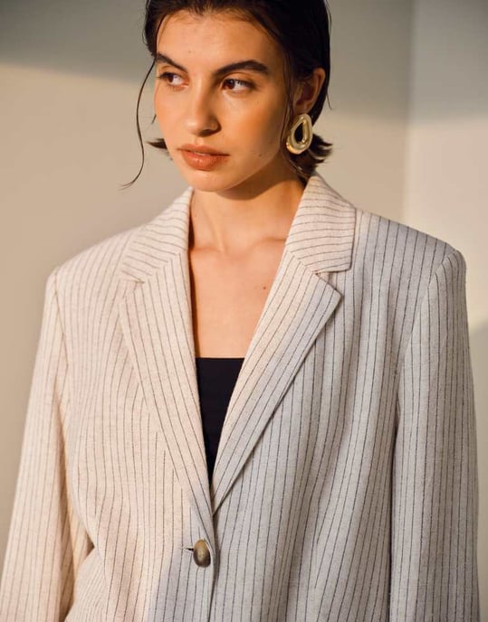 Topshop co ord linneblazer med en knapp i krämfärgad randig mönster - Image 3