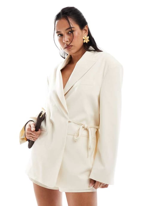 ASOS DESIGN knyt-sidoversize blazer i smörkräm co ord - Image 3