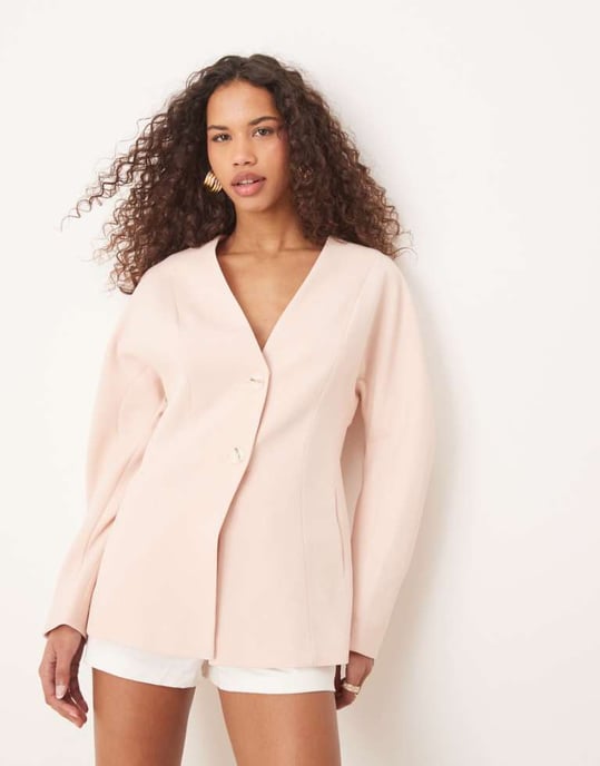 ASOS DESIGN skräddarsydd linne-look texturerad kavaj med nipped midja i ljusrosa - Image 1