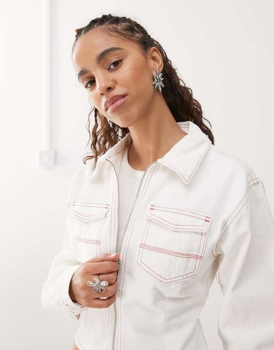 COLLUSION fitted denim jacket in ecru - Image 3