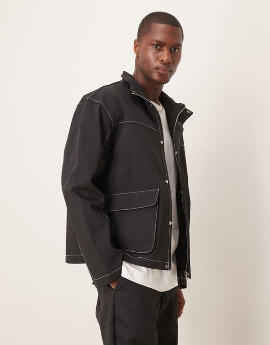 ASOS DESIGN Harrington-jacka med kontrastsöm i svart - MARINBLÅ - Image 1