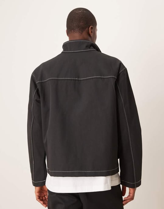 ASOS DESIGN Harrington-jacka med kontrastsöm i svart - MARINBLÅ - Image 3