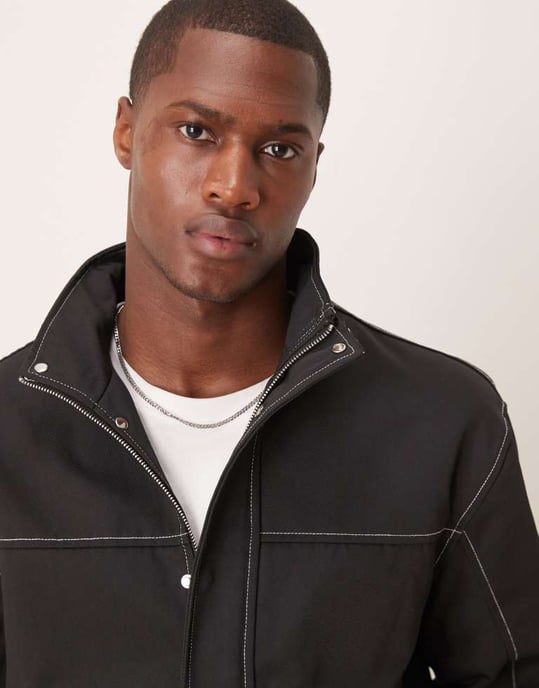 ASOS DESIGN Harrington-jacka med kontrastsöm i svart - MARINBLÅ - Image 4