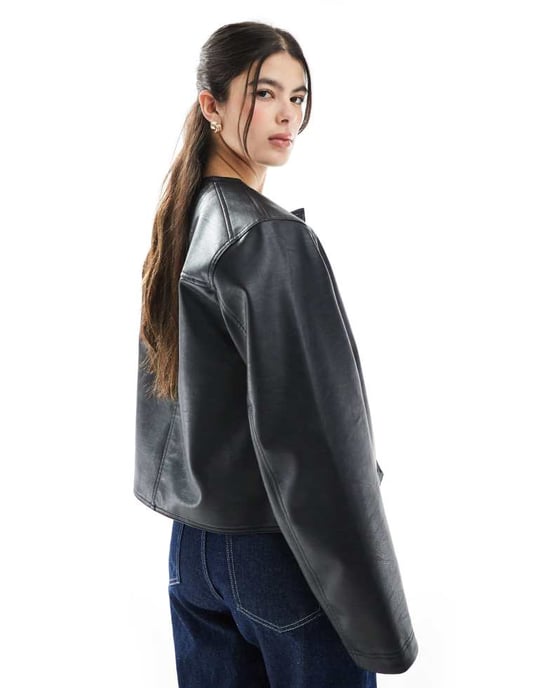 ASOS DESIGN kragefri ren läderlook-jacka i svart - Image 3