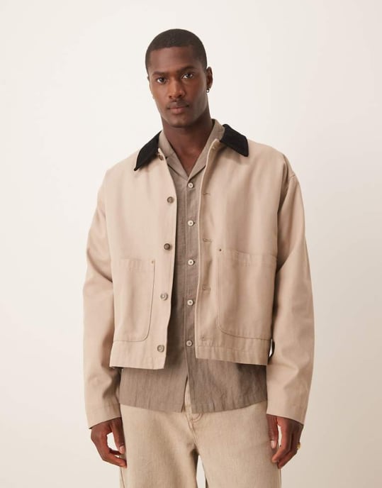 ASOS DESIGN Harrington-jacka med kordkrage i tvättad sten - STEN - Image 1