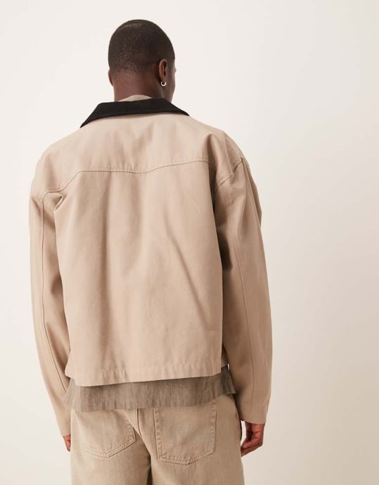 ASOS DESIGN Harrington-jacka med kordkrage i tvättad sten - STEN - Image 4